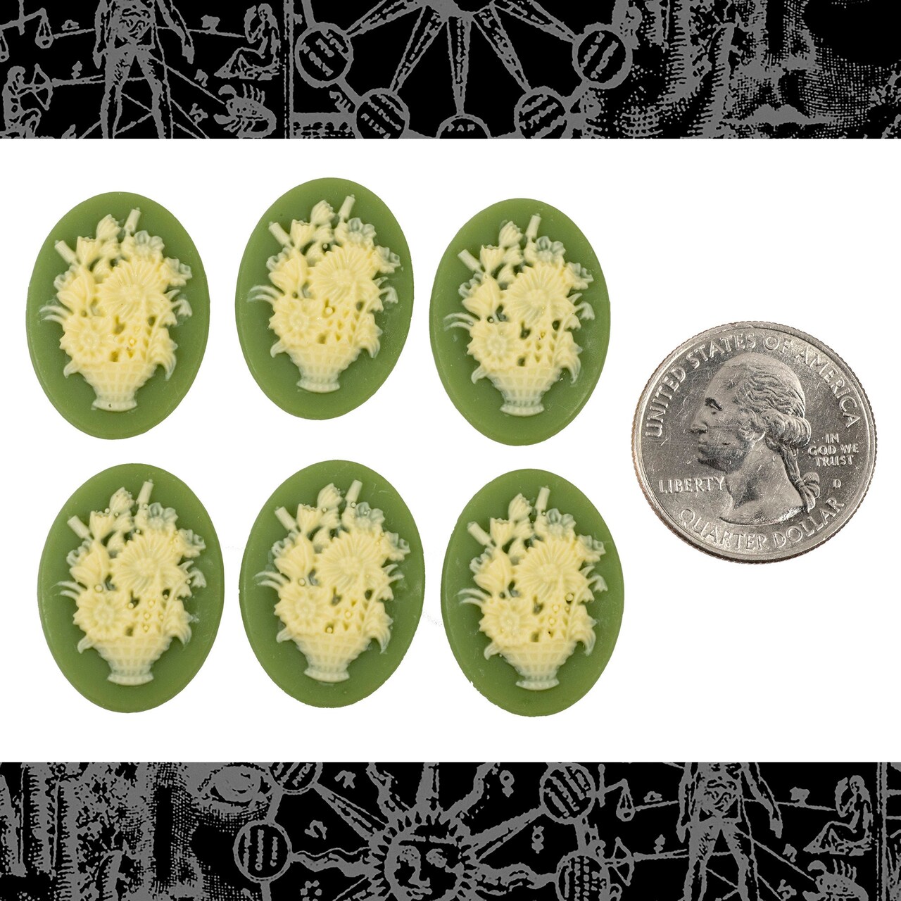 Green and Cream Floral 25mm x 18mm Resin Cameos - Set of Six - CAM246